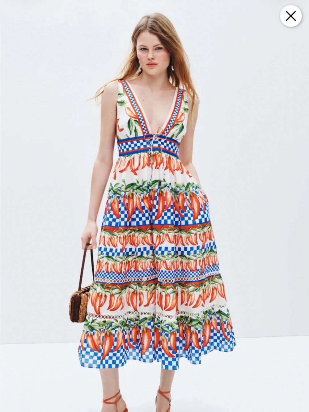 FARM Rio Picnic Peppers Ainika Midi Dress Chili Check Size S
